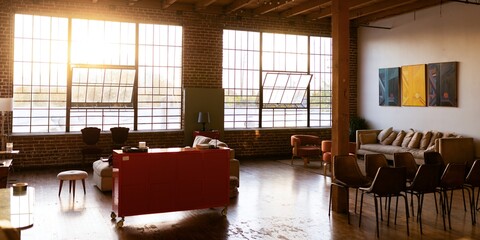 Spacious loft with large windows, brick walls, and modern furniture. Sunlight fills loft,...