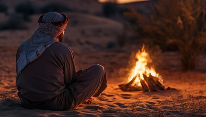 Fototapeta premium Arab Young Man Enjoying Bonfire In The Desert: Exploring Arabic Camping In Middle Eastern Tourism