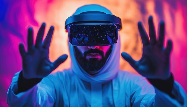 Arab Man With Vr Goggles Immersed In Digital World And Connecting Through Modern Interfaces On The Screen. Enjoying Virtual Reality Experience.