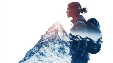 Double exposure of a mountain climber and a peak rising from within the body, inspiring feel with text area