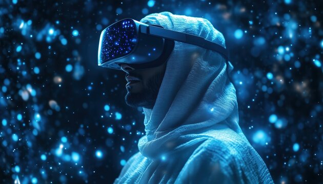 Arab Man Engages With Virtual Reality Using Digital Screen, Connection, And Interfaces In Modern Vr Goggles Headset. A Unique Experience.