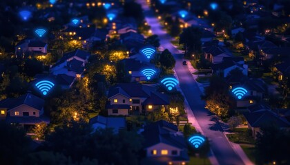 High-Speed Wifi And 5g Data Network Connectivity In Usa Suburb: Aerial View Of American Neighborhood With Houses And Graphic.