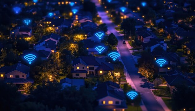 High-Speed Wifi And 5g Data Network Connectivity In Usa Suburb: Aerial View Of American Neighborhood With Houses And Graphic.