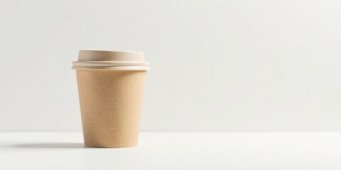 A single disposable paper cup with a beige lid sits on a pristine white surface against a minimalist backdrop