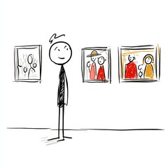 A stick figure enjoys an art gallery, looking at framed sketches on a white wall, feeling inspired.