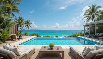 Tropical paradise retreat with infinity pool overlooking the turquoise ocean. Luxurious relaxation in an exotic setting. Sun, sky, and serenity.