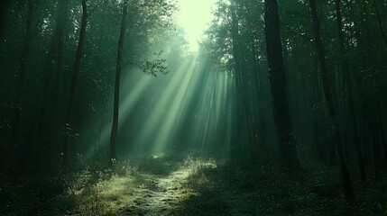 Obraz premium Light filters through a dense forest illuminating a path covered with vegetation in a mysterious and enchanting green a