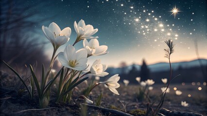 Elegant White Flowers Blooming Under Starlit Night				
