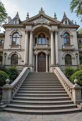 An elegant grand residence with stately columns and a sweeping staircase invites entry to this architectural marvel. Classic design.