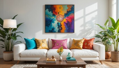 A bright and welcoming living room featuring colorful art, plush pillows, and vibrant plants, creating a cozy and modern aesthetic.