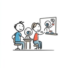 A playful illustration of a classroom scene, depicting a teaching moment with stick figures.