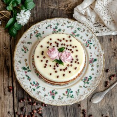 Top view of Vanilla sponge cake in Floral Pattern design plate on a wooden elegant background beans --v 6.1 Job ID: 2c8773ed-6576-485a-815d-38109515ddb8