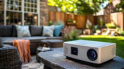 Outdoor projector on patio table