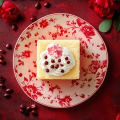 Top view of Vanilla sponge cake in Floral Pattern design plate on a red elegant background beans --v 6.1 Job ID: 7ae096de-345a-409f-a9e2-fabda22c4e84