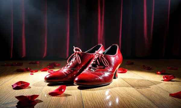 Red dance shoes on stage, surrounded by rose petals