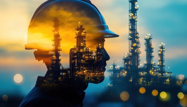 Engineer In Safety Helmet With Double Exposure Of Blurred Oil Refinery Plant For Oil And Gas Company Hr And Recruitment. Energy Industrial Focus.