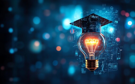Online education concept, lightbulb glowing with graduation cap and certificates, representing elearning and online courses, highresolution image of digital education