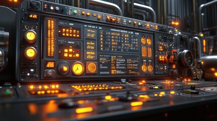 Fototapeta premium Futuristic control panel with glowing orange displays and numerous knobs and buttons. Complex dashboard filled with detailed indicators and controls, set against a dark, industrial backdrop