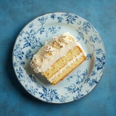 Top view of Vanilla sponge cake in Floral Pattern design plate on a blue elegant background beans --v 6.1 Job ID: 9f590f7c-f78b-478f-b68b-dbadfbe84848