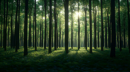 Obraz premium Sunlight filters through trees casting dappled shadows on the forest floor Green leaves and tall dark trunks dominate