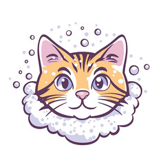 Cartoon Illustration of an Adorable Orange Cat's Head Surrounded by Bubbles on a Transparent Background