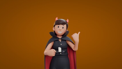 3D Cartoon dracula girls holding candle while pointing with her thumb Halloween Celebration