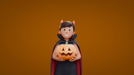 3D Cartoon dracula girls holding pumpkin with both hand while smiling Halloween Celebration