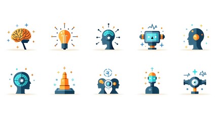 Colorful flat-style illustrations of modern vector AI and robotics icons