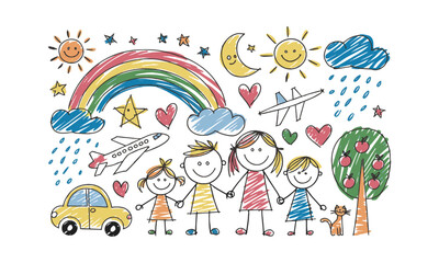  Colorful modern  vector illustration in a childlike crayon drawing style,, easily editable.