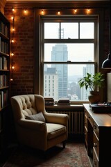 A cozy reading nook features a comfortable armchair, a stack of books, a record player, and a window offering a cityscape view, illuminated by warm string lights.
