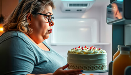 Fat obese woman looks into fridge at night and decides to eat cake