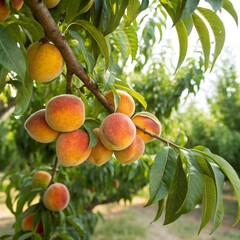 Sweet peach fruits growing from a tree branch.