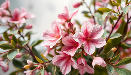 Fototapeta premium Spring botanical pink leaves flowers vintage background bouquet floral wedding nature watercolor, Diffused lighting, with white tones