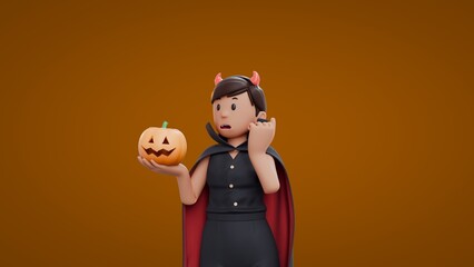 3D Cartoon dracula girls holding small pumpkins and shocked Halloween Celebration
