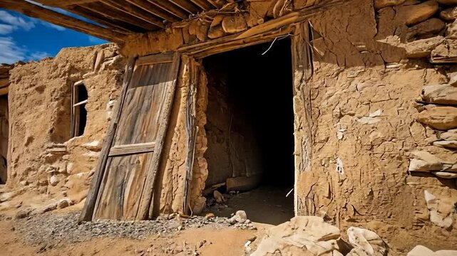 Abandoned adobe house in a desert landscape under a bright blue sky with scattered clouds