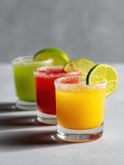 Fototapeta premium Colorful Shots of Tequila with Lime Wedge Garnishes Ready to Enjoy