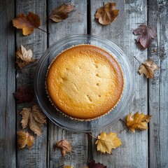 Top view of Vanilla sponge cake in transparent plate on a gray rustic wooden planks surrounded by autumn leaves --v 6.1 Job ID: 0fded389-4f29-4ae5-9ffd-ac0fadf5658e
