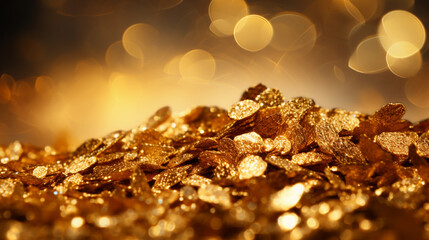 Golden shimmering flakes macro with sparkling bokeh light background for luxury, festive and wealth concept design