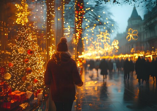 Retail store window decorated for holiday season, people passing by, bokeh lights,