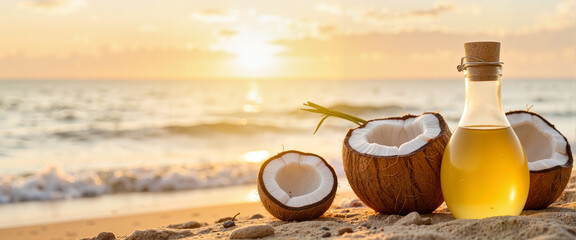Obraz premium Coconut halves and oil bottle on beach at sunset 