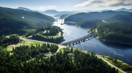 Aerial View of a Serene Dam and Reservoir Nestled in Lush Mountains