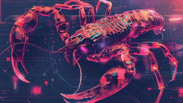 This abstract illustration showcases a lobster with futuristic features in neon glow, offering a unique blend of marine life and digital art elements. Perfect for design projects.