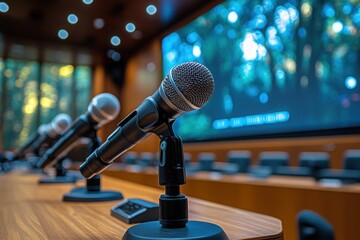 Microphones lined on a table in a conference room ready for a speaker's presentation