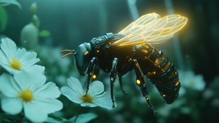 Futuristic robotic bee pollinates flowers in vibrant forest