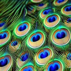 Obraz premium Close Up of Vibrant Peacock Feathers Green, Blue, and Gold Hues