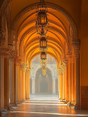 Golden arched corridor bathed in sunlight adorned with hanging lanterns leading to a distant misty architectural marvel.