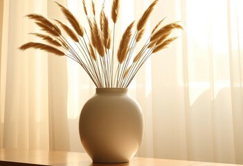 Naklejka premium Sunlit white vase with dried grasses, sheer curtains backdrop, white, photo