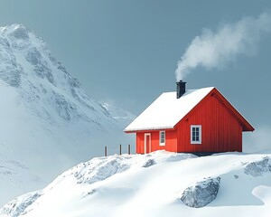 Naklejka premium A lone cabin perched on a snowy ridge with smoke curling from its chimney under a crisp cloudless sky