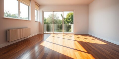 Obraz premium Sunlit empty room, wood floor, sliding glass doors to balcony, floor, background