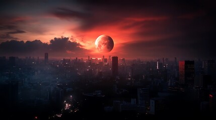 Crimson moon over a sprawling metropolis.